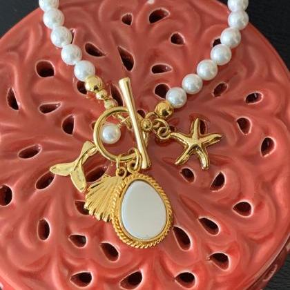 Handmade Shell Pearl Toggle Necklace 24k Gold..