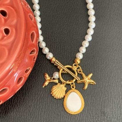 Handmade Shell Pearl Toggle Necklace 24k Gold..