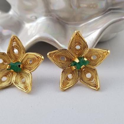 Handmade Filigree Emerald Earrings 24k Gold Plated