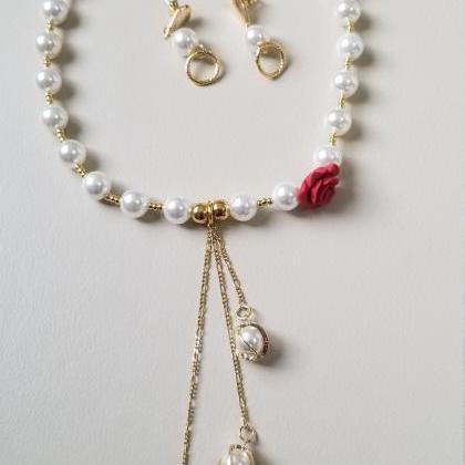 Beautiful Pearl And Rose Necklace And Earrings