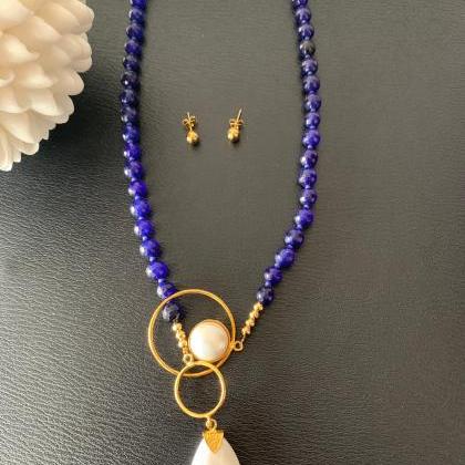 Handmade Blue Agates And Shell Pearls Necklace 24k..