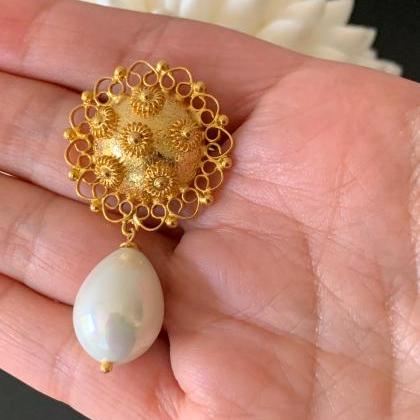 Handmade Shell Pear Earrings 24k Gold Plated
