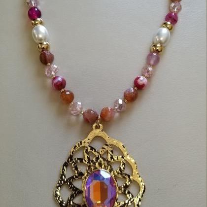 Handmade Pink Agate And Crystal Pendant Necklace