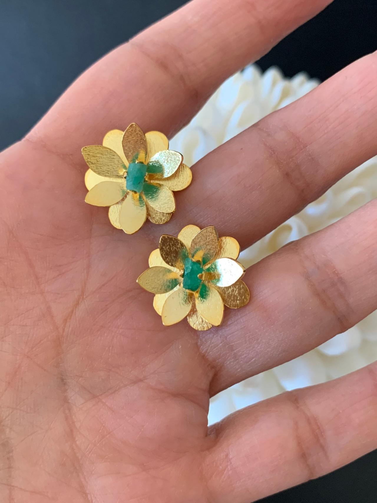 Handmade Natural Emerald Earrings 24k Gold Plated