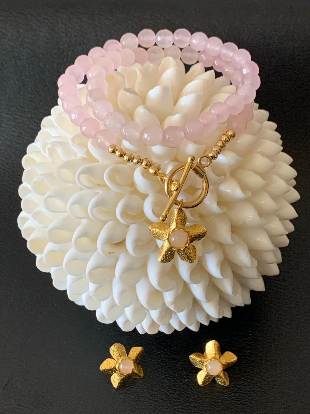 Handmade Rose Quartz Necklace Set 24k Gold Plated