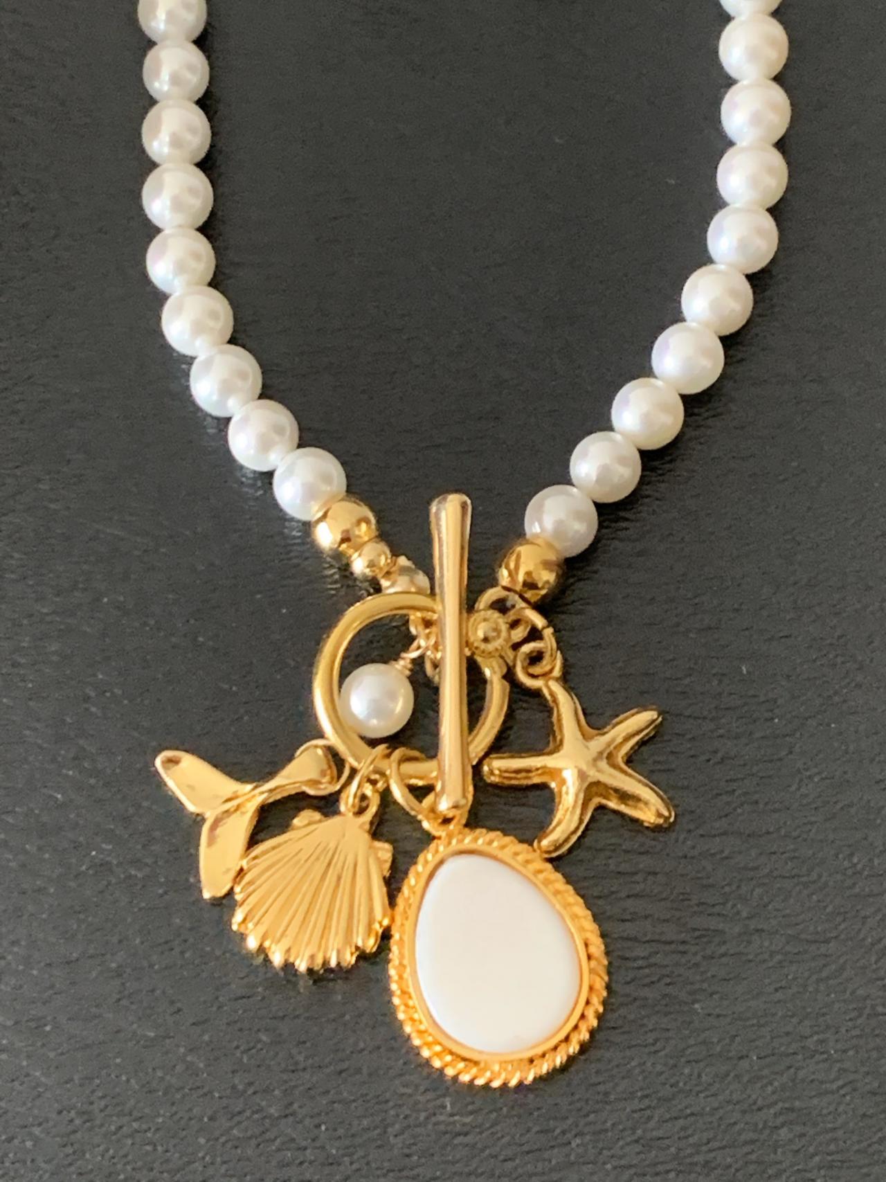Handmade Shell Pearl Toggle Necklace 24k Gold Plated