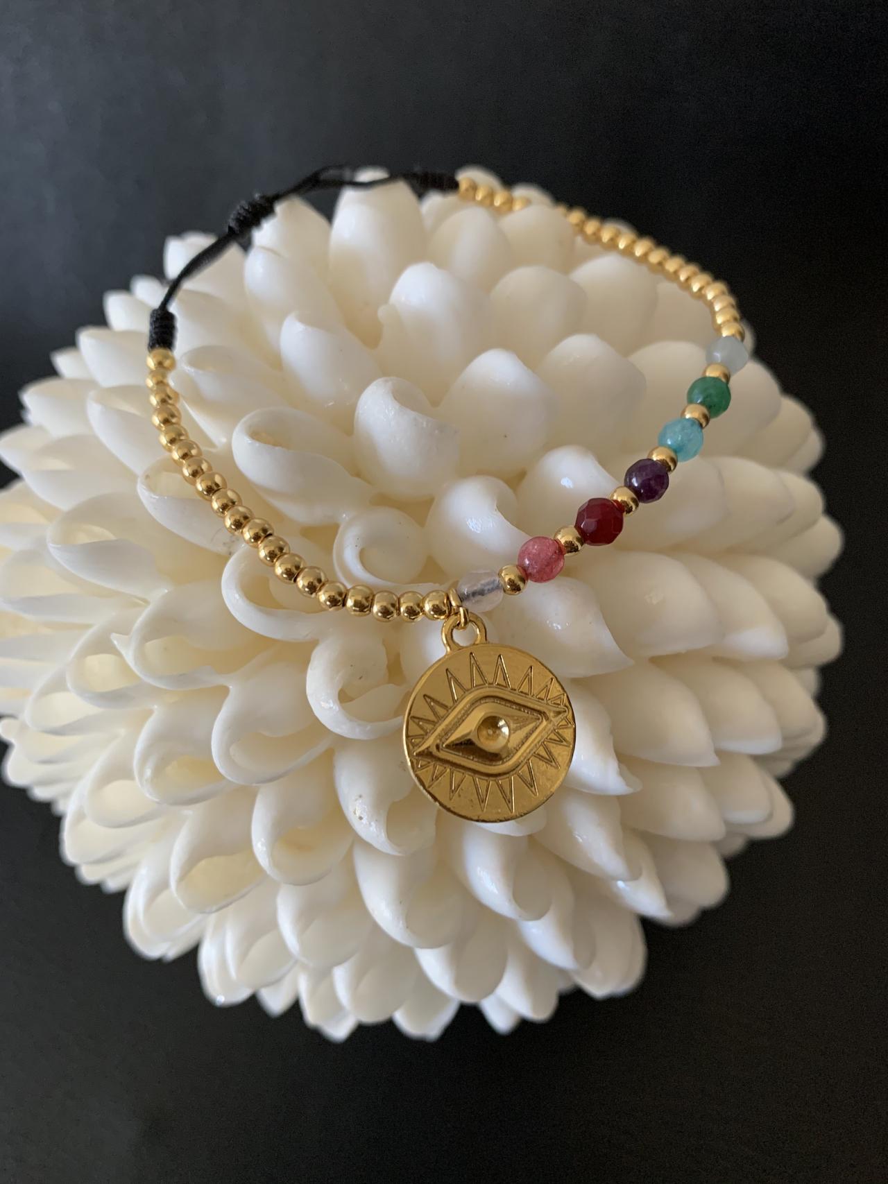 Handmade Natural Stone Evil Eye Bracelet 24k Gold Filled