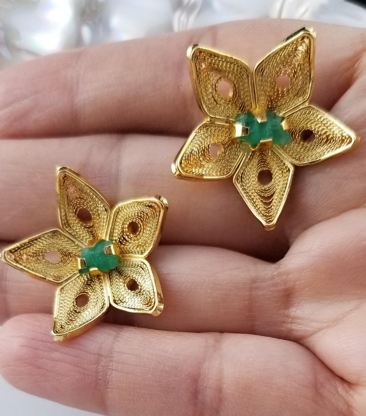 Handmade Filigree Emerald Earrings 24k Gold Plated