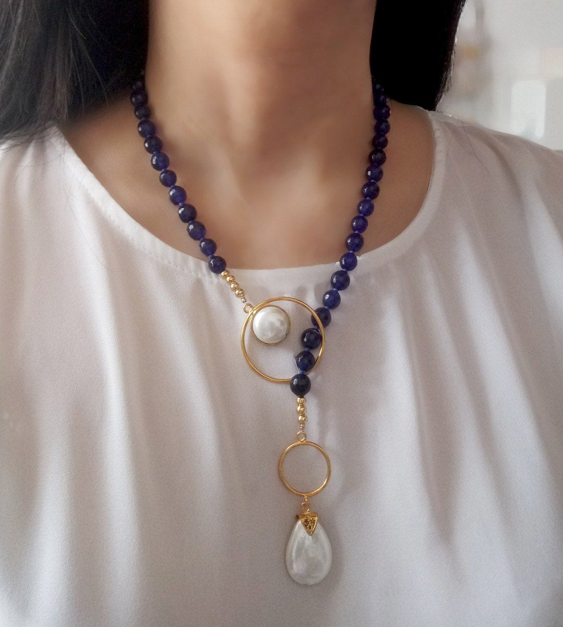 Handmade Blue Agates And Shell Pearls Necklace 24k Gold Plated