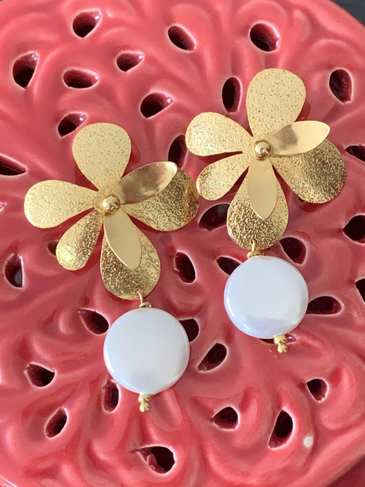 Handmade Flower Pearl Earrings 24k Gold Plated