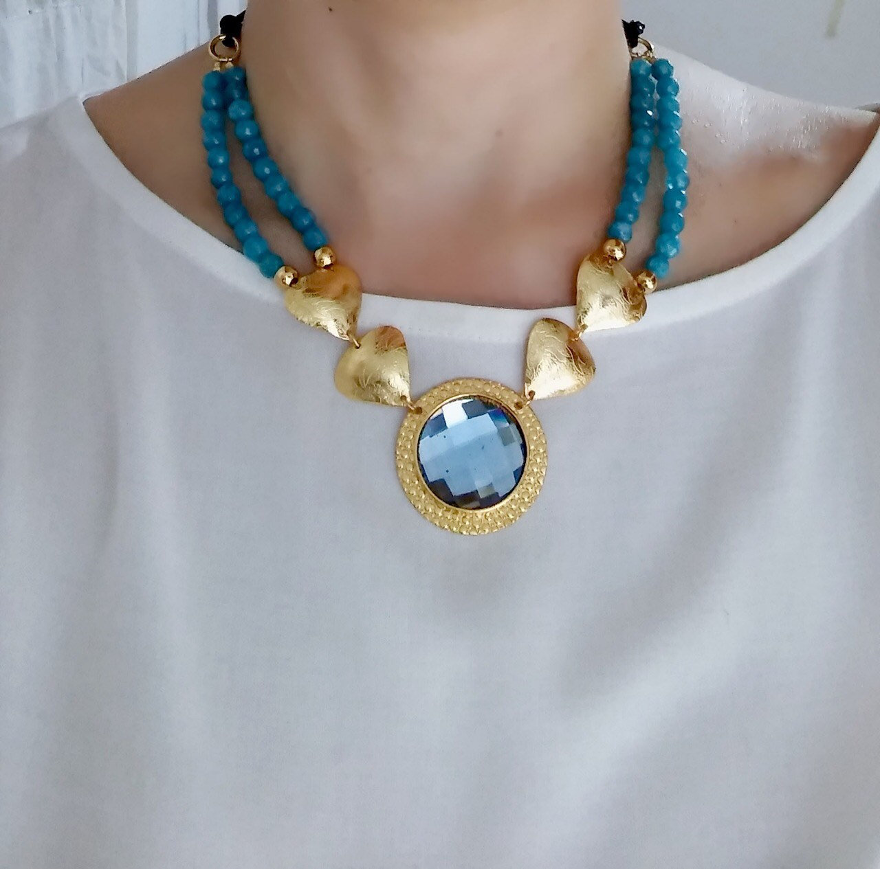 Blue Agate and crystals necklace set in bronze double gold plated in 24 k gold
