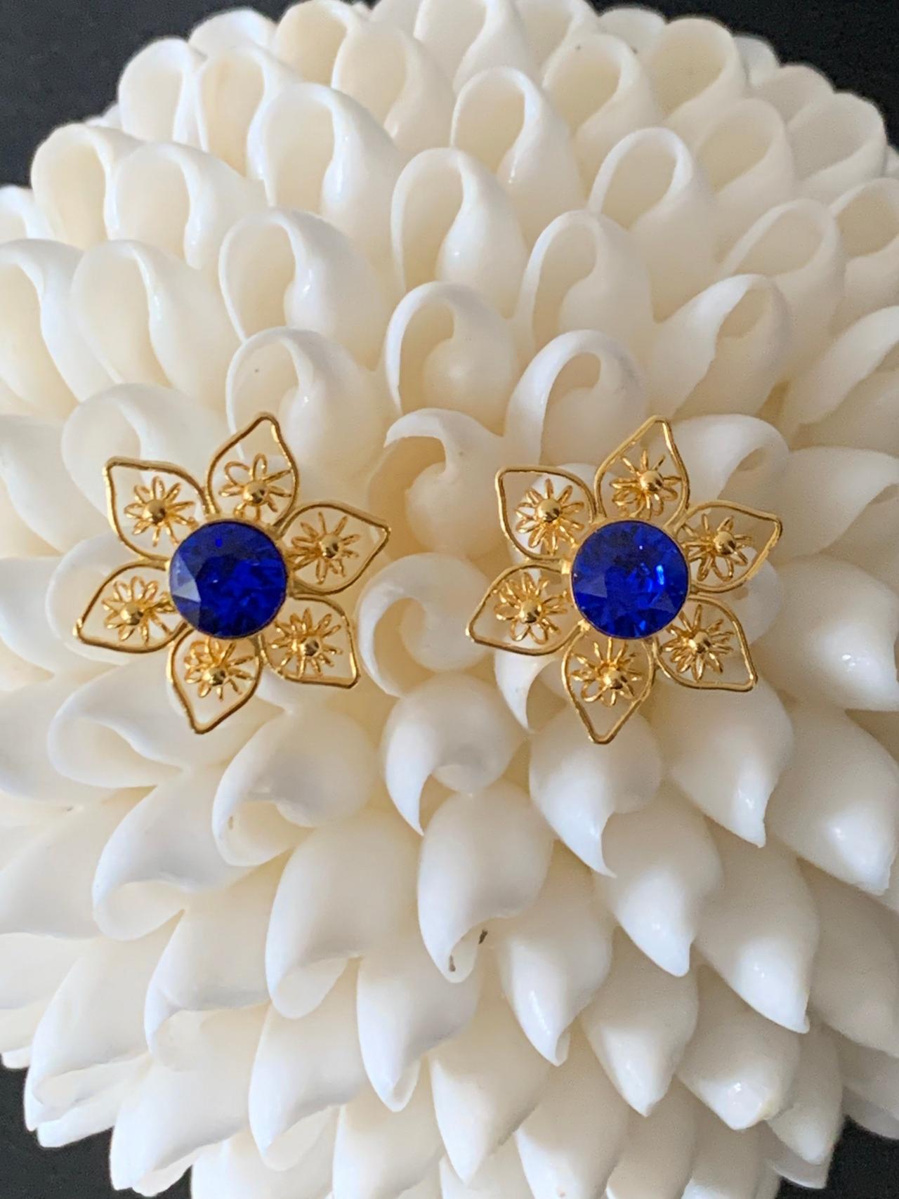 Handmade filigree earrings 24k gold plated blue Swarovski crystal