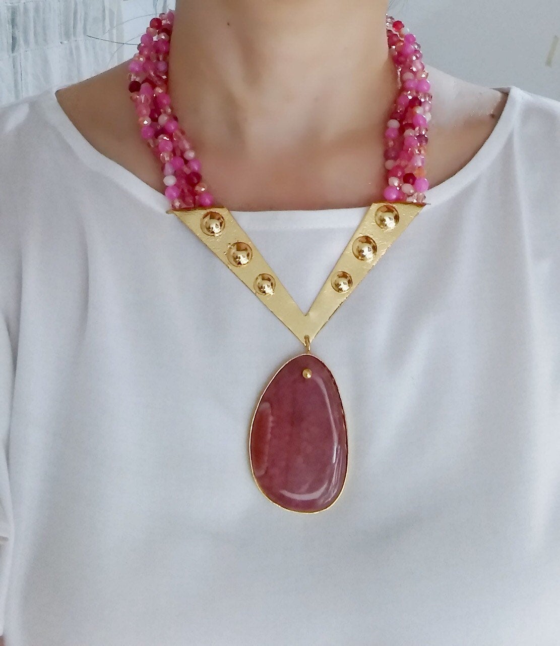 Handmade Agate Necklace And Earrings In Bronze Double Gold Plated In 24k Gold