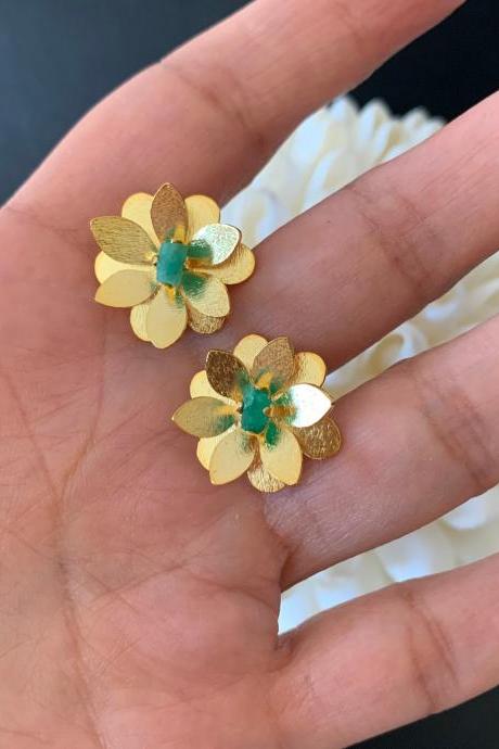 Handmade Natural Emerald Earrings 24k Gold Plated