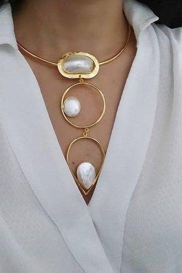 Handmade Shell Pearl Necklace And Earrings 24 K Gold Plated