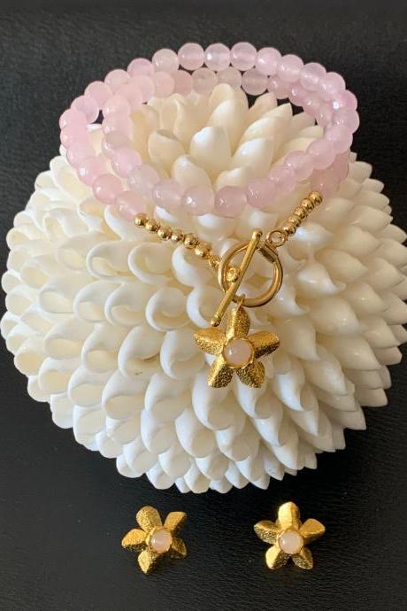 Handmade Rose Quartz Necklace Set 24K Gold Plated