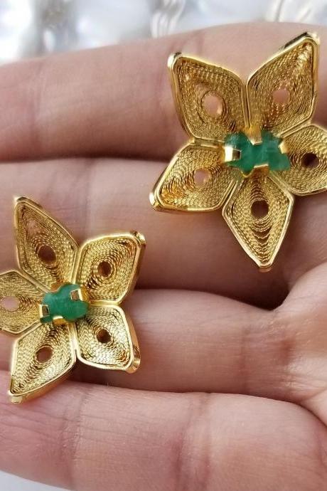 Handmade Filigree Emerald Earrings 24K Gold Plated