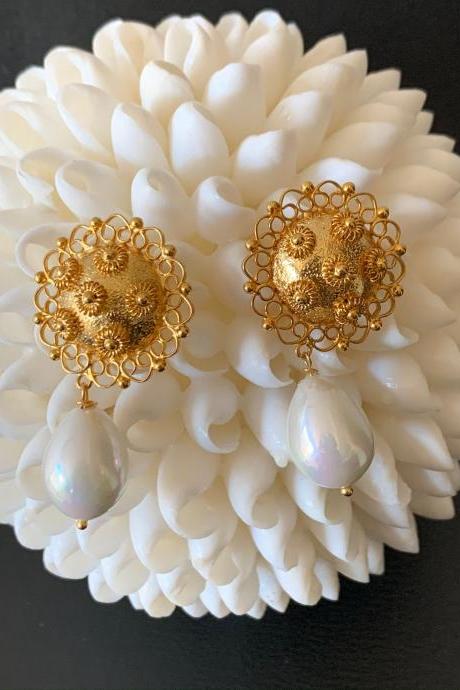 Handmade Shell Pear Earrings 24K gold plated