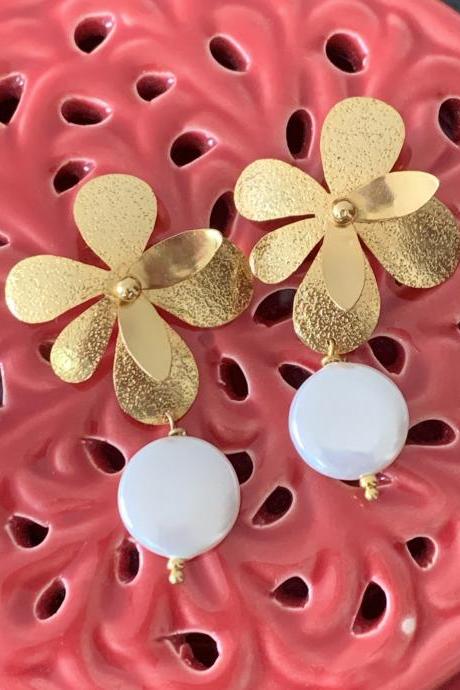 Handmade Flower Pearl Earrings 24k gold plated