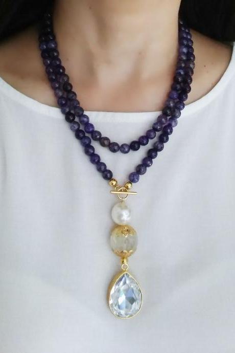 Handmade Natural Stone, Quartz and Crystal Long Necklace and Earrings