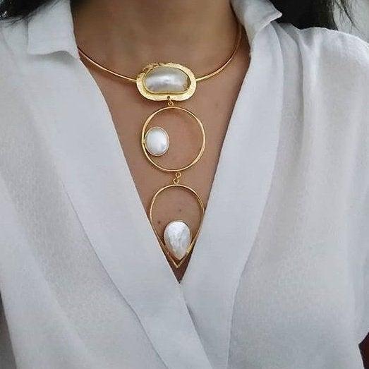 Handmade Shell Pearl Necklace and Earrings 24 K Gold Plated