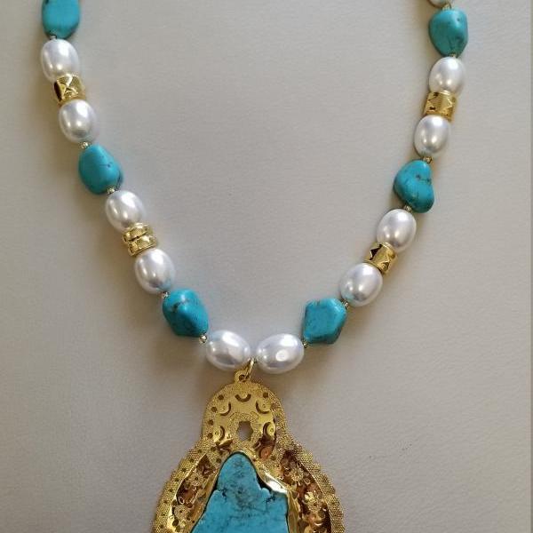 Handmade Turquoise Stone Pendant Necklace Gold plated in 24K gold